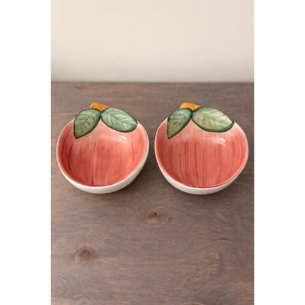 VTG Cottagecore Hand Painted Apple Ceramic Pottery Bowls 2PC Farmhouse Style
